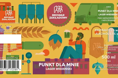 Ilustracja promuje piwo z browaru zakładowego. Widzimy butelki, cysterny, dostawczego vana i mężczyznę z kuflem.