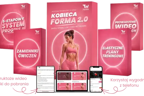 Kobieta endomorfik w różowym stroju sportowym na tle materiałów treningowych. Program "Kobieca Forma 2.0" oferuje plany, wideo i zamienniki ćwiczeń.