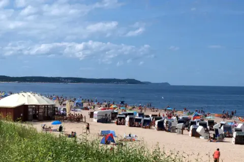 Plaża nad Bałtykiem z leżakami, parasolami i ludźmi kąpiącymi się w morzu.