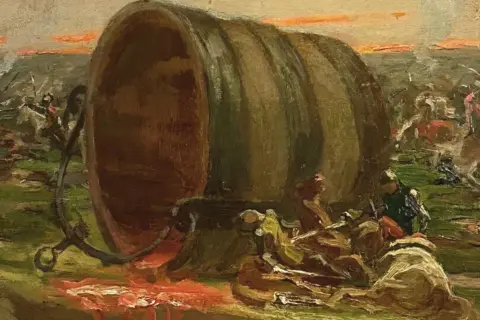 Un enorme secchio rovesciato al centro di una battaglia. Soldati a cavallo e a piedi si scontrano sullo sfondo, mentre il liquido rosso cola dal secchio. La **contesa del secchio** è il fulcro di questo caotico scontro.