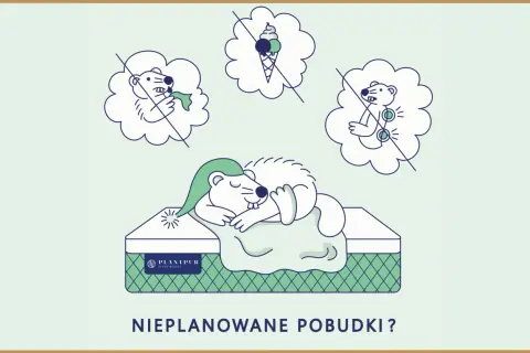 Śpiący bóbr na materacu, otoczony chmurkami z zakazanymi myślami: jedzeniem, stresem i bólem. Koniec z budzeniem się o 2-3 w nocy!