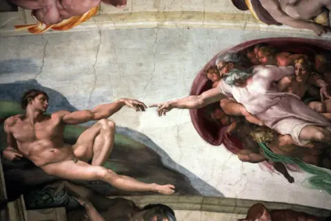 Michelangelo's "The Creation of Adam" fresco, showing God's finger reaching to Adam's.