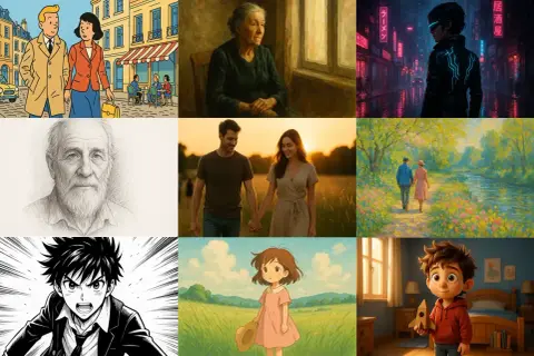 Collage d'images variées, certaines avec un effet "effet speciaux sur photo" comme un dessin animé, un portrait au crayon, ou une scène futuriste.