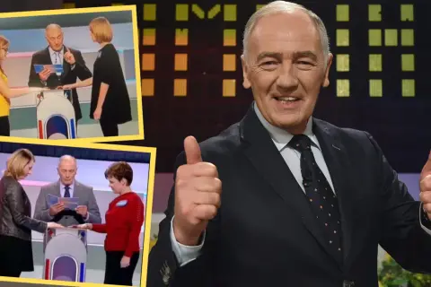 Prowadzący Familiady z kciukiem w górę, obok fragmentów gry z uczestnikami.