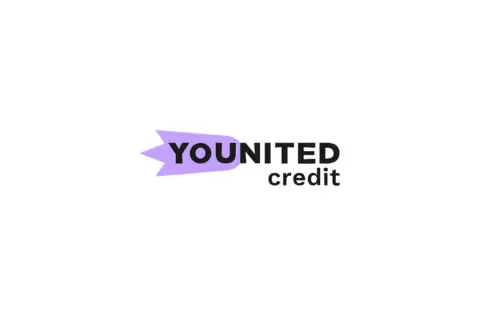 Logo von younited credit mit einem lila Pfeil und schwarzer Schrift.