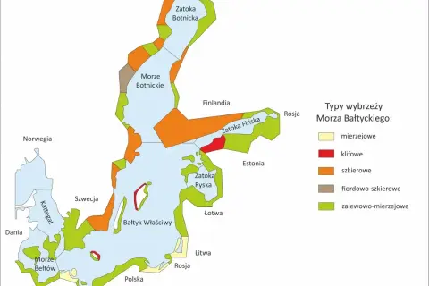 Mapa typów wybrzeży Morza Bałtyckiego, z zaznaczoną Polską i jej wybrzeżem.