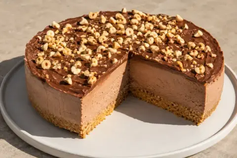 En krämig nutella cheesecake med chokladglasyr och rostade hasselnötter. En bit är bortskuren.