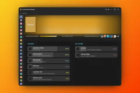 Interfejs Steam Achievement Manager z grą "Duskfall". Widoczne postępy w zdobywaniu osiągnięć, lista zablokowanych i aktywnych zadań.