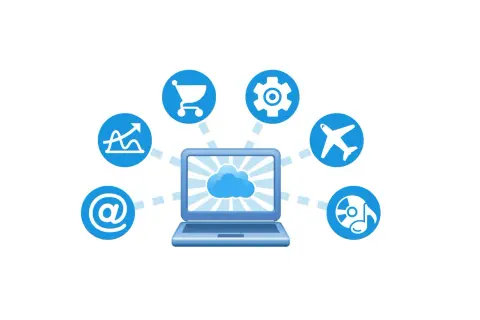Laptop z chmurą i ikonami symbolizującymi handel, ustawienia, podróże, muzykę i pocztę. To ilustracja świadczenia usług drogą elektroniczną.