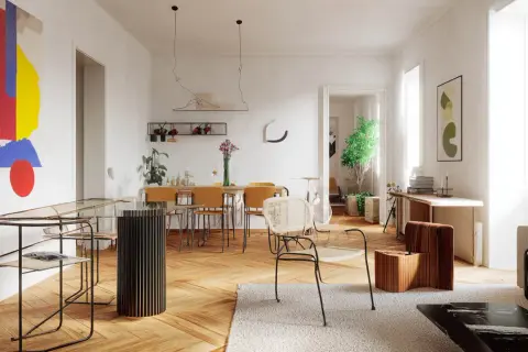Jasne, przestronne wnętrze w stylu bauhaus z abstrakcyjnym obrazem, szklanym stołem i drewnianymi meblami.
