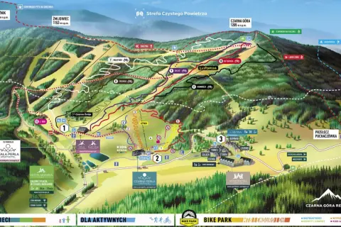 Mapa ośrodka górskiego Czarna Góra Resort z trasami narciarskimi i rowerowymi, wyciągami, schroniskami i hotelami.