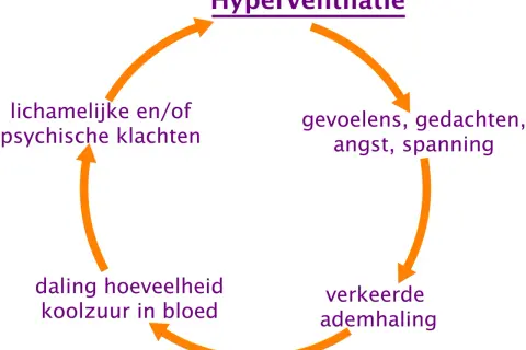 Diagram van hyperventilatie: gevoelens, gedachten, angst, spanning leiden tot verkeerde ademhaling, daling koolzuur, en klachten. Een hyperventilatie zakje blazen kan helpen.