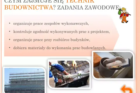 Technik budownictwa organizuje prace, kontroluje zgodność z projektem i dobiera materiały. Na zdjęciach budowa, spawanie i narzędzia.