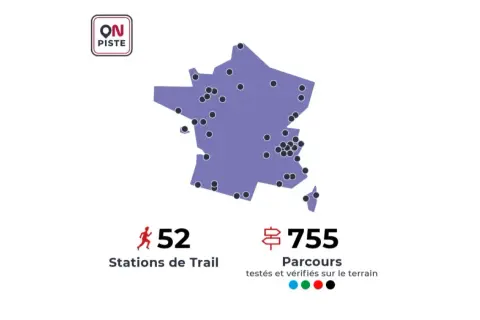 Carte de France avec 52 stations de trail et 755 parcours testés.