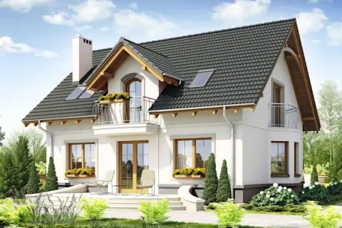Nowy dom z pięknymi oknami i balkonem. Dbałość o detale, jak obróbka okna, podkreśla jego urok.