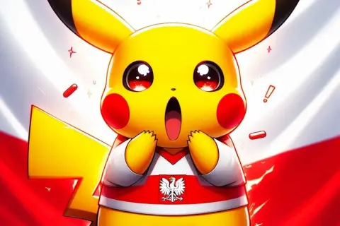Pikachu w koszulce z polskim orłem, jeden z najpopularniejszych pokemonów, wygląda na zaskoczonego.
