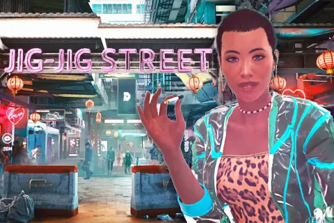 Cyberpunk 2077: Jig-Jig Street, ein Ort für alle Arten von Vergnügen. Eine Frau mit Zigarette im Vordergrund.
