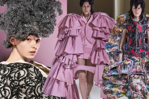 Modelli con acconciature audaci e abiti voluminosi, un'espressione della visione di Rei Kawakubo.