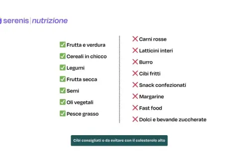 Lista di cibi consigliati e da evitare per una dieta per colesterolo alto: frutta, verdura, legumi, cereali integrali, pesce grasso, oli vegetali. Evitare carni rosse, latticini interi, burro, fritti, snack, fast food, dolci.