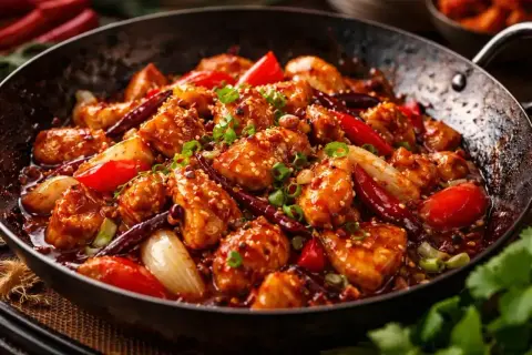 En wok med saftiga kycklingbitar, röd paprika, lök och torkade chilifrukter i en glansig sås till kyckling. Strösslade sesamfrön och grön lök toppar rätten.