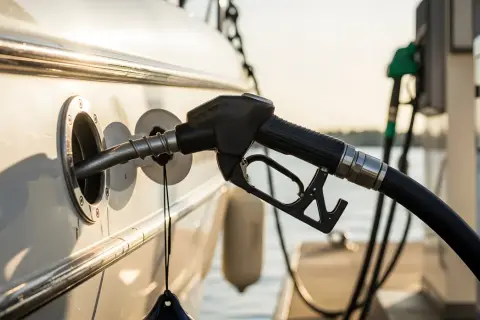 Pompa di rifornimento inserita nello scafo di una barca, con il sole che illumina la scena. Il costo del gasolio nautico è un pensiero comune.