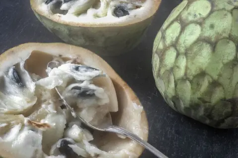 Dwa przekrojone owoce cherimoya, jeden z widelcem, ukazują kremowy miąższ i czarne pestki. Ich słodki, tropikalny smak kusi.
