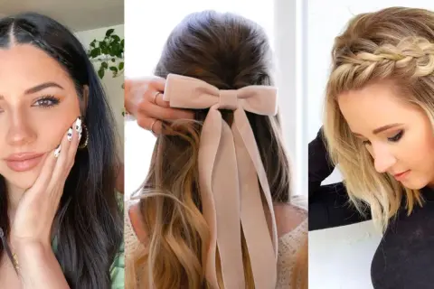 Peinados con peinetas y cabello suelto: trenzas finas, un lazo de terciopelo y una trenza diadema.