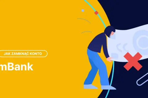 Jak zamknąć konto firmowe w mBank? Ilustracja pokazuje proces zamykania konta, z czerwonym krzyżykiem symbolizującym zakończenie.