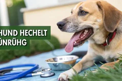 Ein Hund hechelt stark, sein Fell ist hellbraun und er trägt ein rotes Halsband. Neben ihm stehen ein Napf und ein Stethoskop.