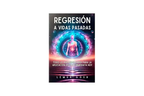 Portada de libro sobre regresiones a vidas pasadas, con una figura humana etérea rodeada de energía cósmica.
