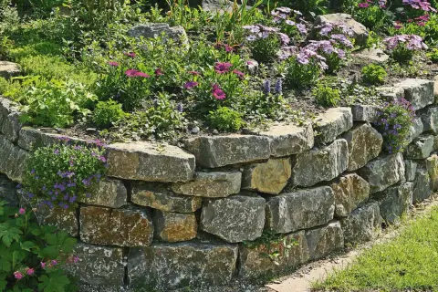 Eine **trockenmauer** sichert den **Hang** mit Natursteinen. Blumen und Grünpflanzen wachsen üppig auf und neben der stabilen **Hangbefestigung**.