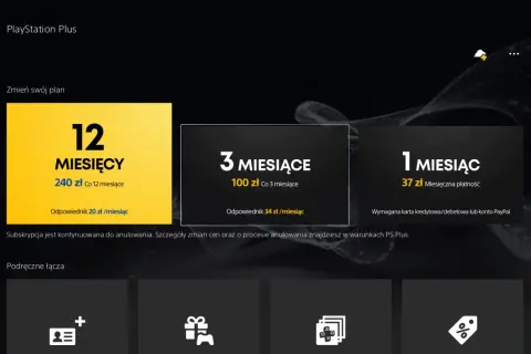 Ekran PlayStation Plus z ofertami subskrypcji: 12 miesięcy za 240 zł, 3 miesiące za 100 zł, 1 miesiąc za 37 zł.
