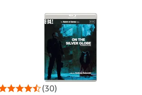 Na srebrnym globie, film Andrzeja Żuławskiego. Mroczna okładka Blu-ray z postacią w niebieskim świetle.