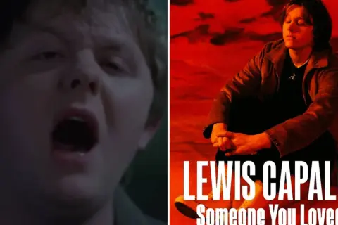 Lewis Capaldi śpiewa "Someone You Loved". Obok okładka singla.