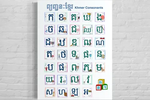 Plakat z alfabetem khmerskim, prezentujący litery języka kambodżańskiego wraz z ilustracjami zwierząt i przedmiotów.