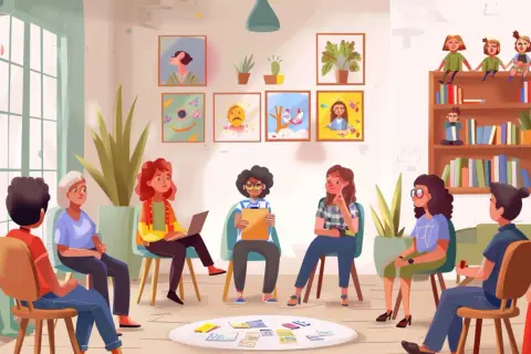 Elternabend im Kindergarten: Eine Gruppe von Eltern sitzt im Kreis, bespricht sich und tauscht sich aus. Kinderbilder hängen an der Wand.