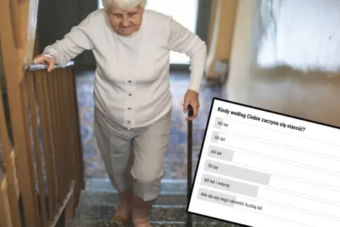 Starsza pani z laską wspina się po schodach. Obok ankieta: "Kiedy według Ciebie zaczyna się starość?". Ile lat ma senior w Polsce?
