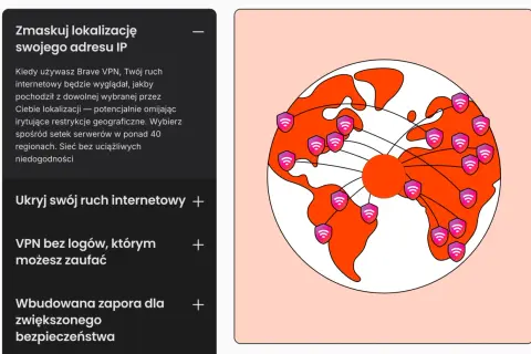 Grafika przedstawia globus z ikonami tarcz z symbolem Wi-Fi, symbolizującymi ochronę i globalny zasięg Brave VPN.