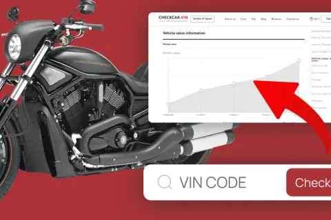Czarny motocykl Harley-Davidson. Obok wykres wartości pojazdu i pole do wpisania numeru VIN.