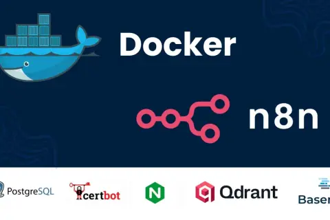 Logo Dockera, n8n, PostgreSQL, Certbot, Nginx, Qdrant, Baserow. Dowiedz się, docker co to jest i jak działa.