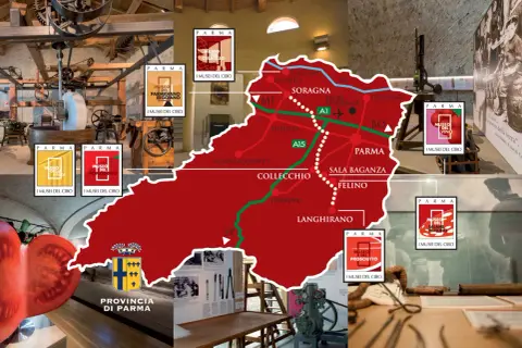 Mappa dei Musei del Cibo di Parma, con immagini di pasta, pomodoro, culatello, parmigiano, vino, prosciutto e salame.