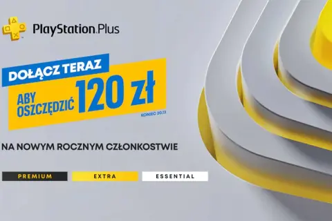 Grafika promocyjna PlayStation Plus z hasłem "Dołącz teraz, aby oszczędzić 120 zł" i opcjami Premium, Extra, Essential.