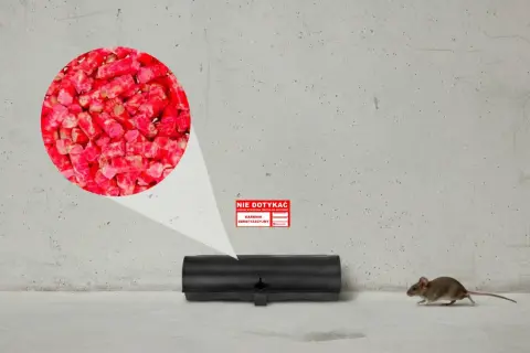Karmnik deratyzacyjny z trutką bromadiolon. Mała mysz zbliża się do pułapki.