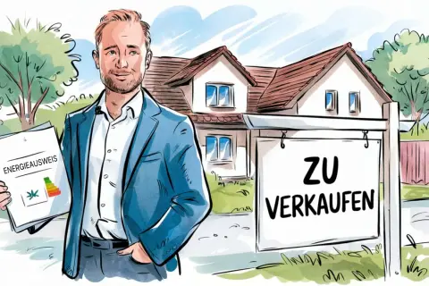 Mann mit Energieausweis vor Haus mit "Zu Verkaufen"-Schild. Der Hausverkauf ohne Energieausweis ist nicht erlaubt.