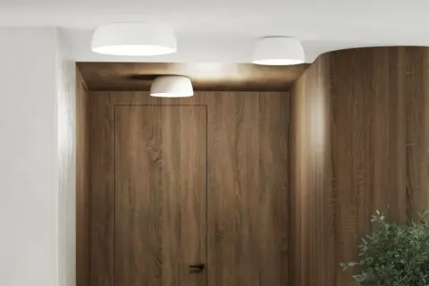 Nowoczesne wnętrze z drewnianymi panelami i minimalistycznym plafonem loft.