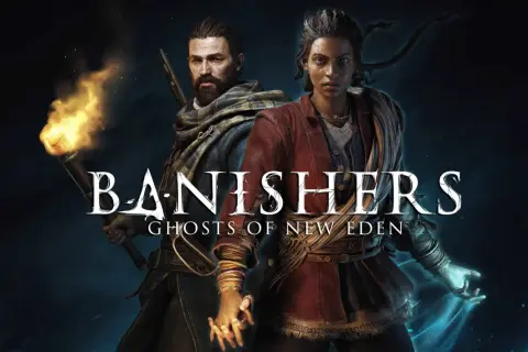 Zwei Charaktere, ein Mann mit Fackel und eine Frau mit magischer Hand, halten sich an den Händen. Das Logo "Banishers: Ghosts of New Eden" ist prominent platziert.