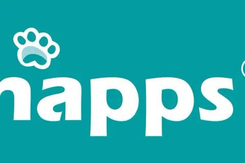 Logo "happs" z łapką psa, symbolizujące ochronę przed pchłami i kleszczami.