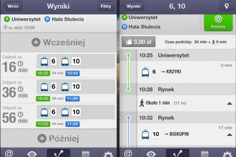 Aplikacja jak dojadę pokazuje wyniki wyszukiwania trasy z Uniwersytetu na Halę Stulecia. Dostępne są różne opcje odjazdów i czasy podróży.
