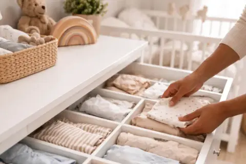 Hands neatly folding baby clothes in a drawer organizer, a perfect example of how to organize baby clothes for a tidy nursery.