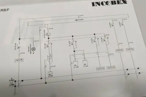 Schemat elektryczny przedstawia układ sieci TT z zabezpieczeniami i odbiornikami.